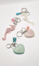 Load image into Gallery viewer, Resin Sparkle Pastel Love Heart Silver Tassel Keychains