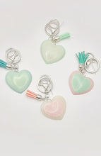 Load image into Gallery viewer, Resin Sparkle Pastel Love Heart Silver Tassel Keychains