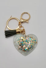 Load image into Gallery viewer, Resin Super Sparkle Love Heart Gold & Silver Tassel Keychains