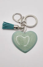 Load image into Gallery viewer, Resin Sparkle Pastel Love Heart Silver Tassel Keychains