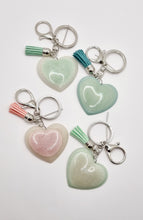Load image into Gallery viewer, Resin Sparkle Pastel Love Heart Silver Tassel Keychains