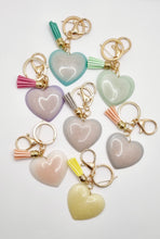 Load image into Gallery viewer, Resin Sparkle Pastel Love Heart Gold Tassel Keychains