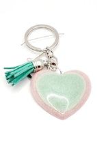 Load image into Gallery viewer, Resin Sparkle Pastel Love Heart Silver Tassel Keychains