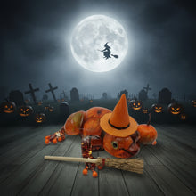 Load image into Gallery viewer, Halloween-themed decorations including pumpkins, a broom, and a witch hat on a white background.