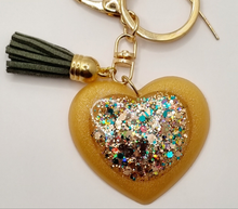 Load image into Gallery viewer, Resin Super Sparkle Love Heart Gold & Silver Tassel Keychains