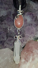 Load image into Gallery viewer, Silver Rhodonite Cabochon & Rose Quartz Crystal Double Dangle Pendant