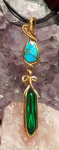 Load image into Gallery viewer, Gold Turquoise Cabochon & Malachite Crystal Double Dangle Pendant