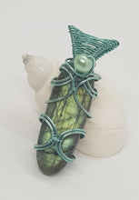 Load image into Gallery viewer, Baby Blue Wire Wrapped Labrodite Cabochon Pearl Bead Pendant