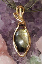 Load image into Gallery viewer, Gold Labrodite Cabochon Pendant with Black Seed Beads
