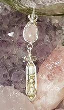 Load image into Gallery viewer, Silver Rose Quartz Cabochon & White Turquoise Crystal Double Dangle Pendant