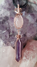 Load image into Gallery viewer, Rose Gold Rose Quartz Cabochon & Amethyst Crystal Double Dangle Pendant