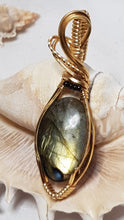 Load image into Gallery viewer, Gold Labrodite Cabochon Pendant with Black Seed Beads