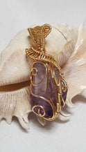 Load image into Gallery viewer, Gold Caged Natural Amethyst Crystal Pendant with Scarf