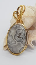 Load image into Gallery viewer, Gold White & Grey Crazy Lace Agate Cabochon Pendant