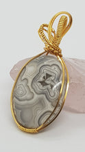 Load image into Gallery viewer, Gold White & Grey Crazy Lace Agate Cabochon Pendant