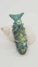 Load image into Gallery viewer, Baby Blue Wire Wrapped Labrodite Cabochon Pearl Bead Pendant