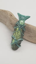 Load image into Gallery viewer, Baby Blue Wire Wrapped Labrodite Cabochon Pearl Bead Pendant