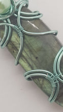 Load image into Gallery viewer, Baby Blue Wire Wrapped Labrodite Cabochon Pearl Bead Pendant
