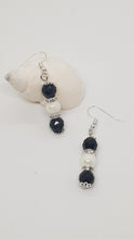 Load image into Gallery viewer, Silver Pearl Rhinestone Faceted Black Crystal Bead Earrings