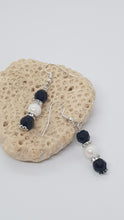 Load image into Gallery viewer, Silver Pearl Rhinestone Faceted Black Crystal Bead Earrings