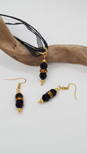 Load image into Gallery viewer, Gold Black Faceted Yellow Rhinestone Rondelle Earrings & Pendant Set