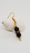 Load image into Gallery viewer, Gold Black Faceted Yellow Rhinestone Rondelle Earrings & Pendant Set