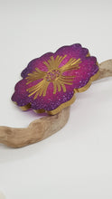 Load image into Gallery viewer, Set of 2 x Plum Pink & Gold Sparkly Glitter Hibiscus Resin Coasters