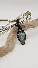 Load image into Gallery viewer, Black Wire Wrapped Labrodite Cabochon Pendant With A Swarovski Faceted Crystal