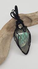 Load image into Gallery viewer, Black Wire Wrapped Labrodite Cabochon Pendant With A Swarovski Faceted Crystal