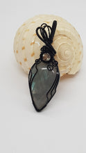 Load image into Gallery viewer, Black Wire Wrapped Labrodite Cabochon Pendant With A Swarovski Faceted Crystal