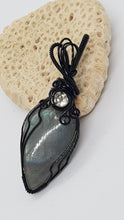 Load image into Gallery viewer, Black Wire Wrapped Labrodite Cabochon Pendant With A Swarovski Faceted Crystal