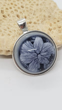 Load image into Gallery viewer, Silver Bezel Floral Navy Blue & White Resin Cabochon Pendant