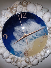 Load image into Gallery viewer, Ocean Beach Resin Clock Featuring A Border of White & Pearl Seashells