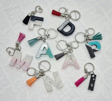 Load image into Gallery viewer, Resin Alphabet Letter Silver Bling Tassel Keychains