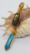 Load image into Gallery viewer, Gold Bead Labrodite Cabochon & Turquoise Crystal Double Dangle Pendant
