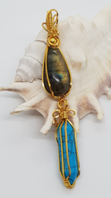 Load image into Gallery viewer, Gold Bead Labrodite Cabochon & Turquoise Crystal Double Dangle Pendant