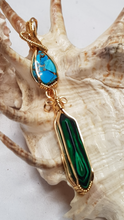 Load image into Gallery viewer, Gold Turquoise Cabochon & Malachite Crystal Double Dangle Pendant
