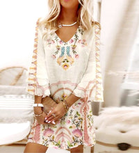 Load image into Gallery viewer, Boho Prairie Pink and Tan Long Sleeve Mini Dress