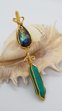 Load image into Gallery viewer, Gold Labrodite Cabochon & Green Turquoise Crystal Double Dangle Pendant