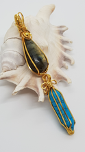 Load image into Gallery viewer, Gold Bead Labrodite Cabochon & Turquoise Crystal Double Dangle Pendant