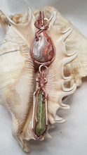 Load image into Gallery viewer, Rose Gold Crazy Lace Agate Cabochon & Unakite Crystal Double Dangle Pendant