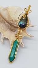 Load image into Gallery viewer, Gold Labrodite Cabochon & Green Turquoise Crystal Double Dangle Pendant