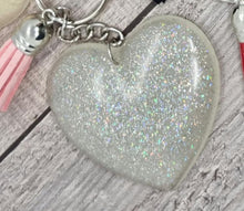 Load image into Gallery viewer, Resin Love Heart Silver Tassel Keychains