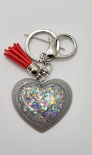 Load image into Gallery viewer, Resin Super Sparkle Love Heart Gold &amp; Silver Tassel Keychains
