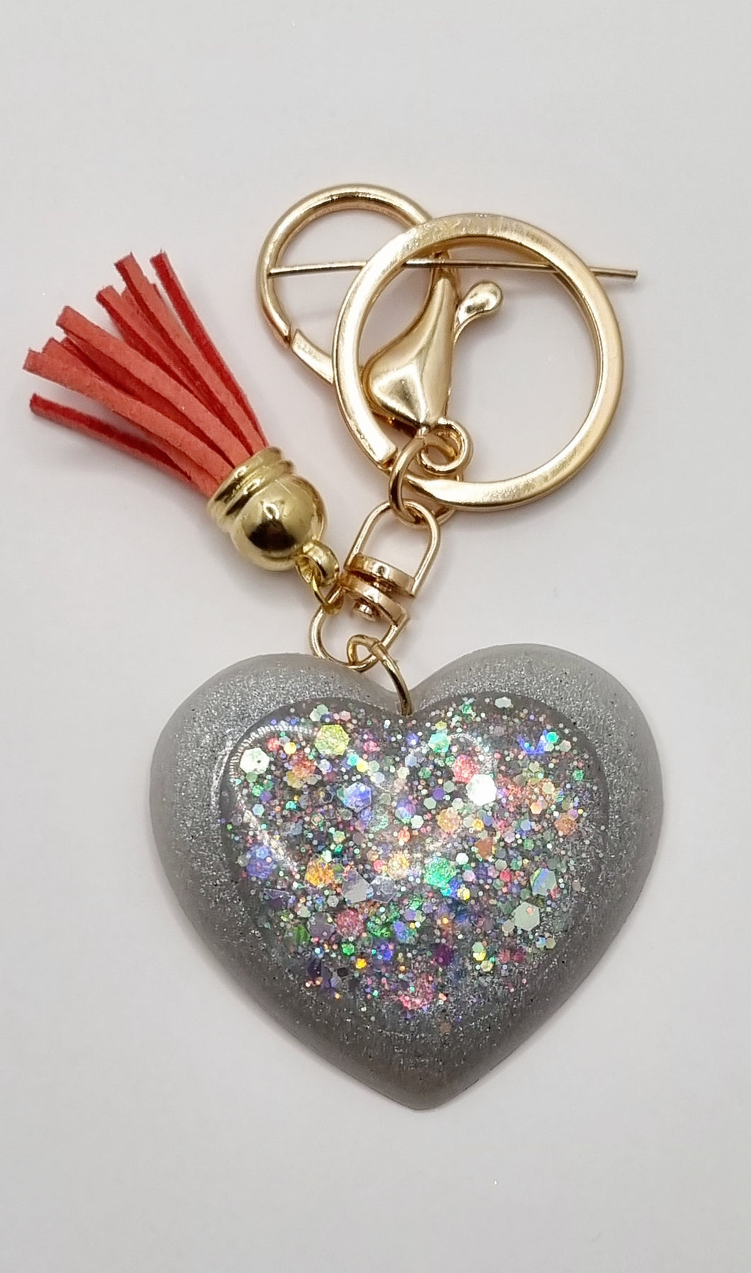 Resin Super Sparkle Love Heart Gold & Silver Tassel Keychains