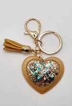 Load image into Gallery viewer, Resin Super Sparkle Love Heart Gold &amp; Silver Tassel Keychains
