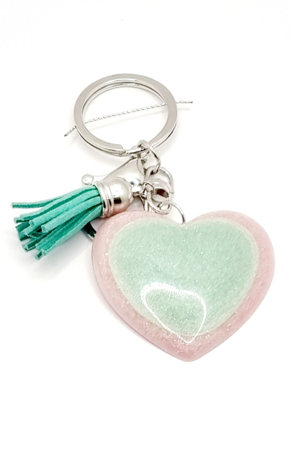 Resin Sparkle Pastel Love Heart Silver Tassel Keychains