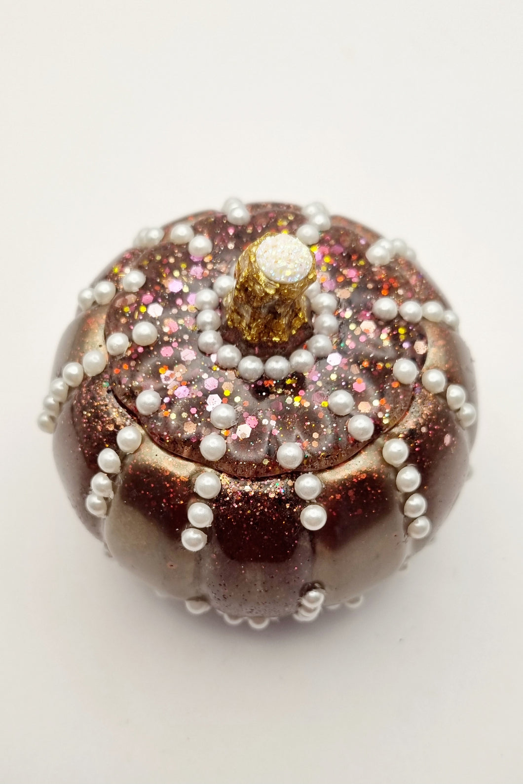 Handcrafted Rose Gold Pumpkin Trinket Jar Featuring Pearls