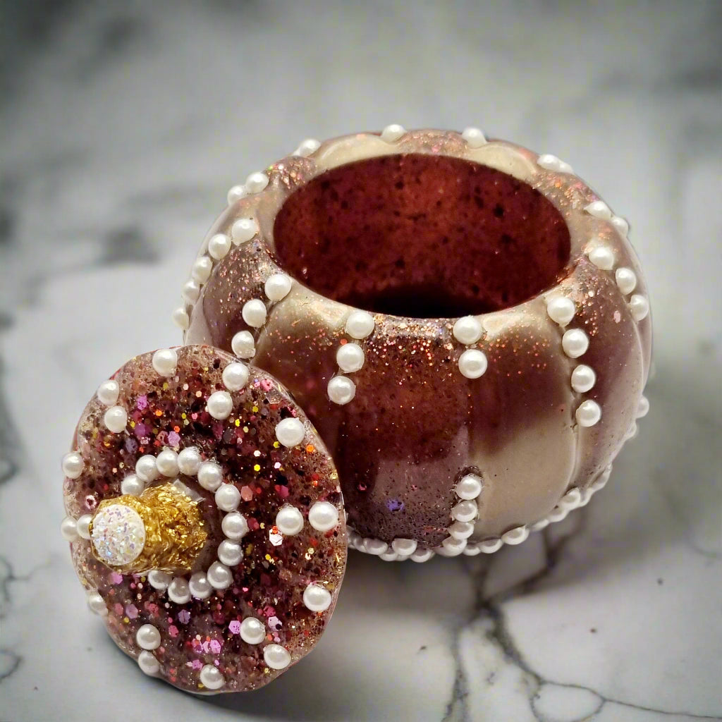 Handcrafted Rose Gold Pumpkin Trinket Jar Featuring Pearls