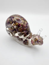 Load image into Gallery viewer, Handcrafted Resin Snail Figurine Featuring Rose Buds &amp; White Pebbles
